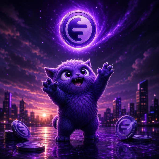 A purple cartoon-style fluffy cat mascot standing with raised paws against a purple cityscape backdrop, with a large crypto coin (featuring a stylized 'F' or 'E' symbol) glowing above its head and additional coins scattered on the ground.