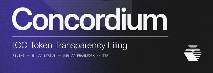 A dark blue and purple gradient banner displaying "Concordium" with the subtitle "ICO Token Transparency Filing" and details "FILING -- B1 // STATUS -- NEW // FRAMEWORK -- TTF".