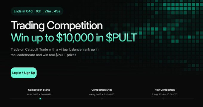 A promotional banner for a 'Trading Competition' offering up to $10,000 in $PULT, with a countdown timer and dates for competition start, end, and a new round.