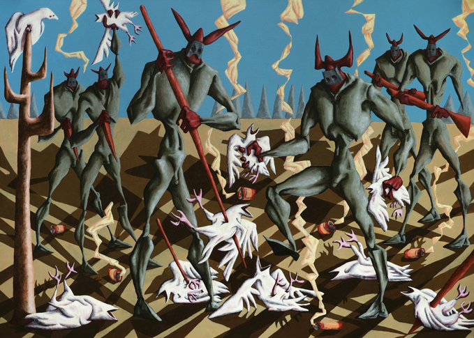 A surreal painting depicting red-horned, gray-skinned humanoid figures wielding red spears among fallen white bird-like creatures, with a yellow and blue sky in the background.
