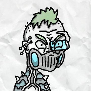A hand-drawn sketch shows a stylized character with green spiky hair, a skull earring, glowing blue eyes, and a breathing mask on a crumpled paper background.