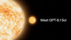 Two glowing orange sun-like celestial bodies against a black starry background, with text reading 'Meet GPT-6.1 Sol'.