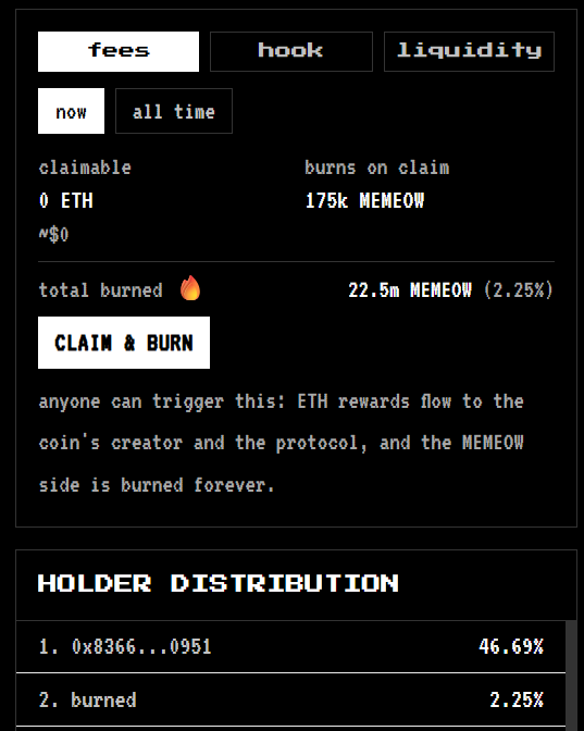 A dark-themed cryptocurrency interface showing tabs for 'fees,' 'hook,' and 'liquidity,' with details including 'claimable 0 ETH,' 'burns on claim 175k MEMEOW,' and 'total burned 🔥 22.5m MEMEOW (2.25%)' above a 'CLAIM & BURN' button.