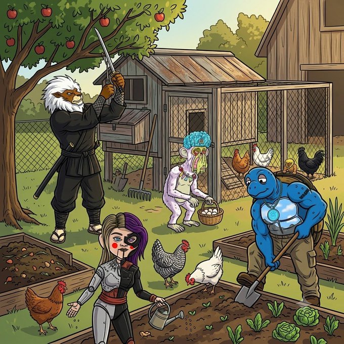 A cartoon illustration depicts a group of characters—including a samurai lion, a half-face woman, a turtle, and a blue muscular creature—tending to a farm with chickens, a garden, and an apple tree.