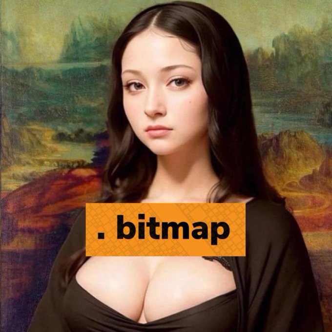 An AI-generated image styled after the Mona Lisa but featuring a young woman with dark hair and exposed cleavage, with an orange label reading '.bitmap' overlaid on the chest.