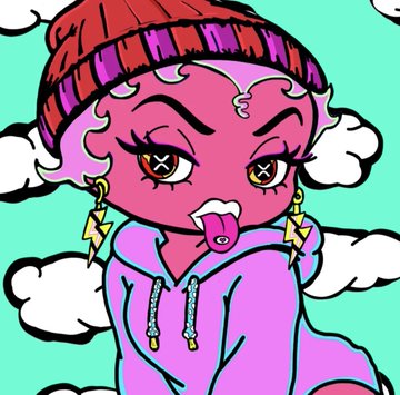 A vibrant cartoon-style illustration features a pink-skinned character with white curly hair, a red and pink beanie, lightning bolt earrings, and a purple hoodie against a turquoise sky with white clouds.
