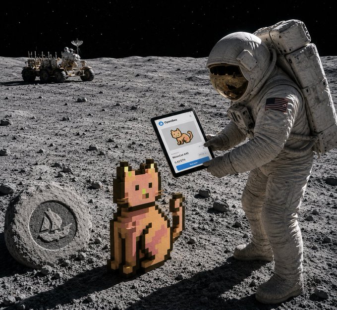 A digitally created image of an astronaut on the moon holding a tablet showing an OpenSea NFT listing for 'Marumaru NFT #4221' featuring a pixelated cat.