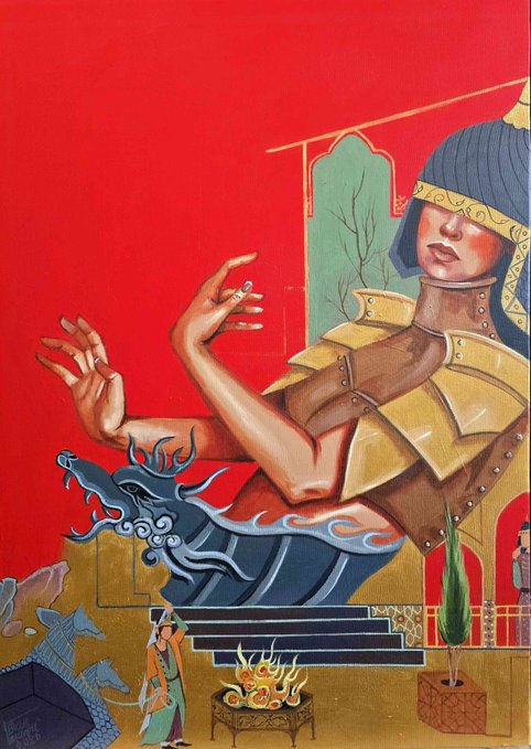 A surreal painting of a figure in golden samurai armor reaching out with elongated arms against a solid red background.