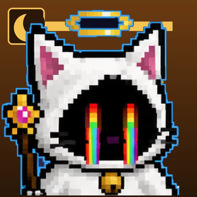 Pixel art of a white cat-like creature with rainbow tear streaming from its dark eye sockets, holding a staff with a flower, wearing a golden halo/headband and bell collar.
