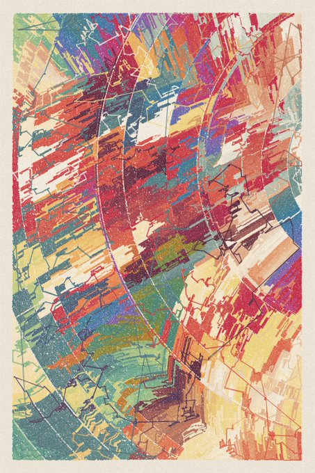 A colorful abstract artwork featuring vibrant red, blue, yellow, and green brushstrokes with geometric and textured patterns.