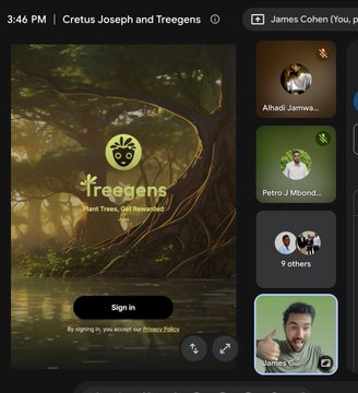 A video call screen titled 'Cretus Joseph and Treegens' shows a jungle forest background with a 'Sign in' button, and participant icons including Alhadi Jariwa, Petro J Mbond, and James Cohen.