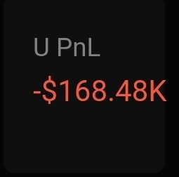 The image displays a dark dashboard tile showing "U PnL" with a negative balance of -$168.48K in red text, illustrating the substantial unrealized loss referenced in the post about recovering from a difficult losing streak in trading.