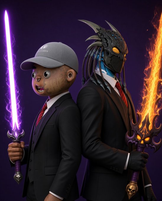 A digital artwork featuring two figures in suits: one wearing a grey cap with a stylized face holding a glowing purple sword, and another wearing an ornate dark mask with glowing yellow eyes and dreadlocks, holding a flaming fiery staff.