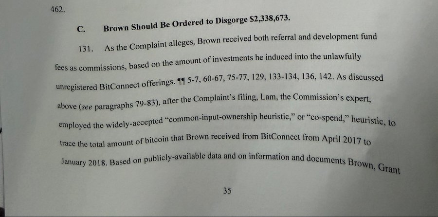 A page from a legal complaint (paragraph 131) stating that Trevon Brown should be ordered to disgorge $2,338,673 received in referral and development fund fees from BitConnect investments between April 2017 and January 2018, which the SEC obtained by tracing bitcoin through the "common-input-ownership/co-spend" heuristic.