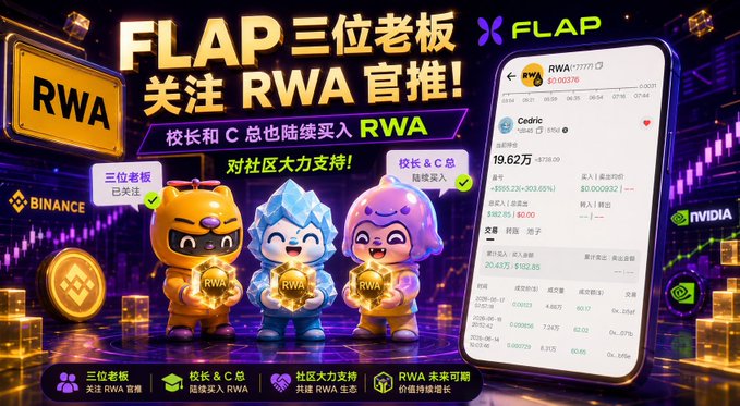 The image features a poster with three cartoon characters standing next to each other, holding gold coins. The text on the poster reads "FLAP RWA" and "RWA C Zong", indicating that the characters are associated with the FLAP platform's official account. The post also mentions that the Principal and C Zong have purchased RWA, expressing their recognition and support for the community through practical actions.