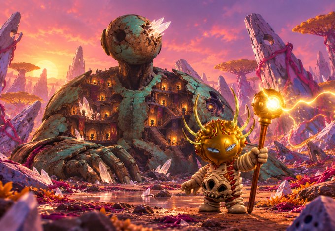 A fantasy digital artwork showing a small horned creature with antlers holding a glowing staff in front of a giant stone statue that has been transformed into a multi-level village with glowing windows, set against a sunset sky.