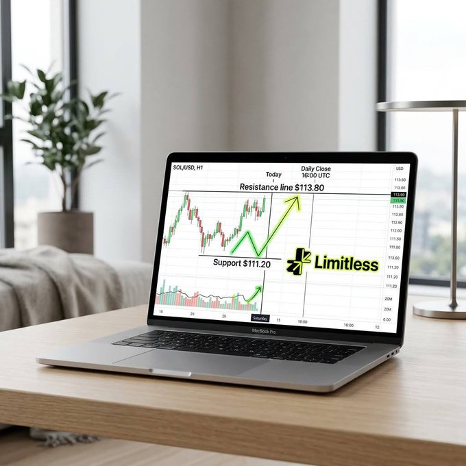 A laptop on a wooden desk displaying a SOL/USD H1 trading chart with annotations showing a resistance line at $113.80, support at $111.20, and a 'Limitless' branding logo.