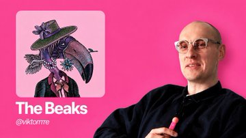 A man wearing a black jacket and glasses sitting next to a pink backdrop featuring an illustration with a bird. The image also contains text that reads "The Beakes" followed by a hashtag, and a number of other people's names are visible as well.