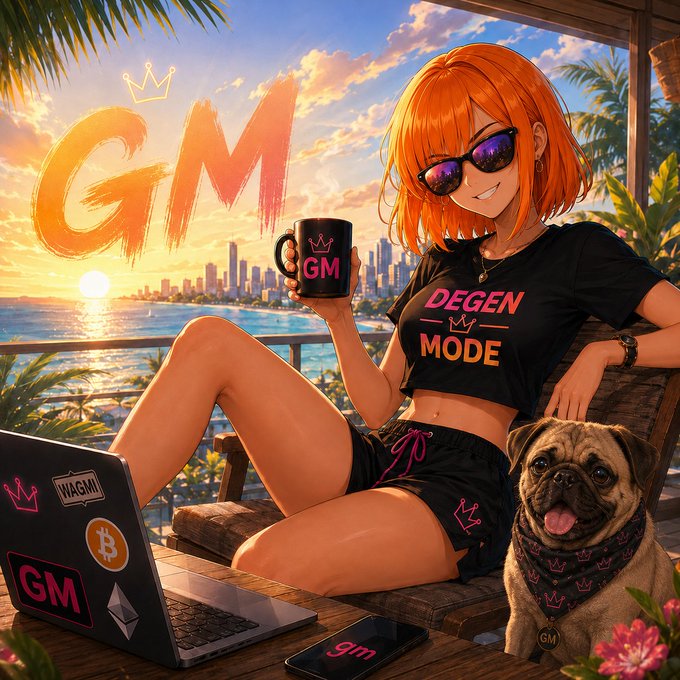 An anime-style illustration shows an orange-haired woman in a 'DEGEN MODE' crop top, sunglasses, and shorts holding a 'GM' mug, sitting beside a pug with a laptop covered in crypto and 'GM' stickers.