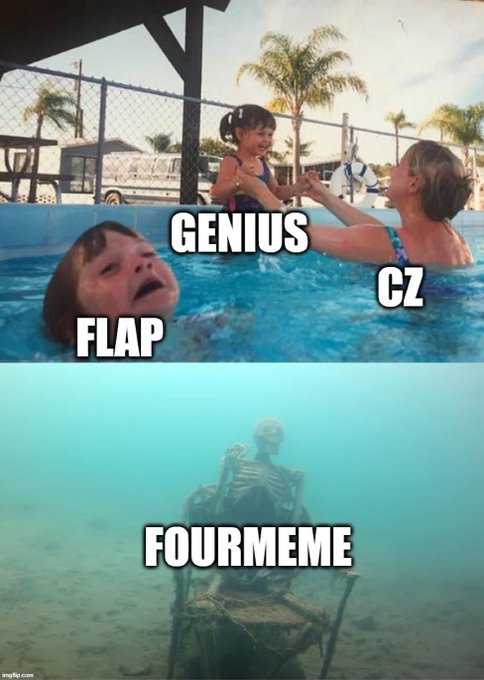 A 'Fourmeme' meme image showing a pool scene labeled 'GENIUS' and 'CZ' above an underwater skeleton in a chair, with a crying child labeled 'FLAP'.