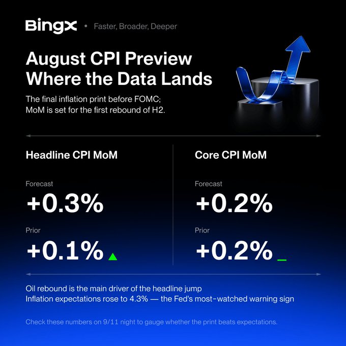 A BingX infographic titled "August CPI Preview: Where the Data Lands" forecasts Headline CPI at +0.3% MoM (up from +0.1%) and Core CPI at +0.2% MoM (unchanged), noting oil rebound as the main driver and inflation expectations at 4.3%—directly visualizing the key CPI forecasts and risk metrics highlighted in the post ahead of the September 11 print and FOMC meeting.