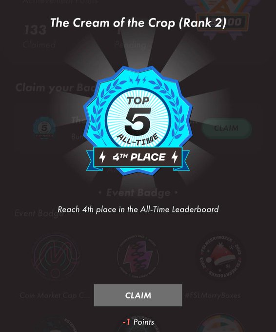 A mobile game achievement screen titled 'The Cream of the Crop (Rank 2)' showing a glowing blue 'TOP 5 ALL-TIME' badge with a '4TH PLACE' ribbon.