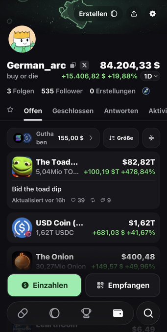 A mobile app screenshot for a portfolio called 'German_arc' showing a balance of 84,204.33 $ with a 1D gain of +19.88%, featuring meme tokens like 'The Toad' and 'The Onion'.