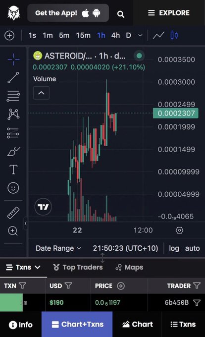 A cryptocurrency trading chart on the AsterDEX mobile app showing the ASTEROID token with a +211.10% gain, displaying a 1-hour candlestick chart and transaction data.