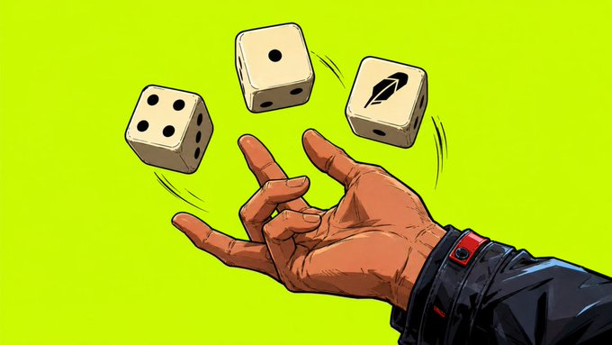 An illustrated hand throwing three dice, one featuring a quill pen logo, against a bright lime green background.