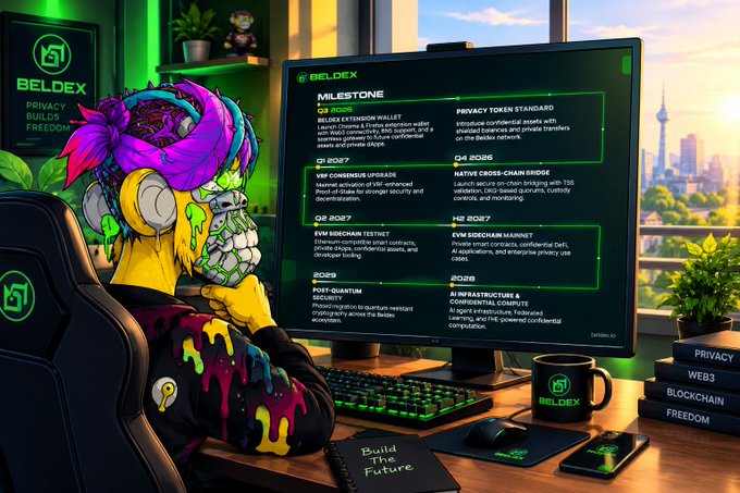Digital illustration of a vibrant, graffiti-style skeleton character wearing a gaming headset, sitting at a desk facing a monitor displaying a 'BELDEX' milestone roadmap.