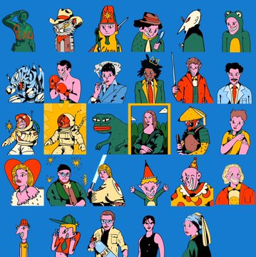 This image showcases a colorful collection of 100 hand-drawn characters, including a frog and the Mona Lisa, from @narcisojuse's upcoming 1/1 NFT mint on Wednesday. The artwork's illustrative style and variety of characters align with the description of a unique, artist-driven NFT collection.