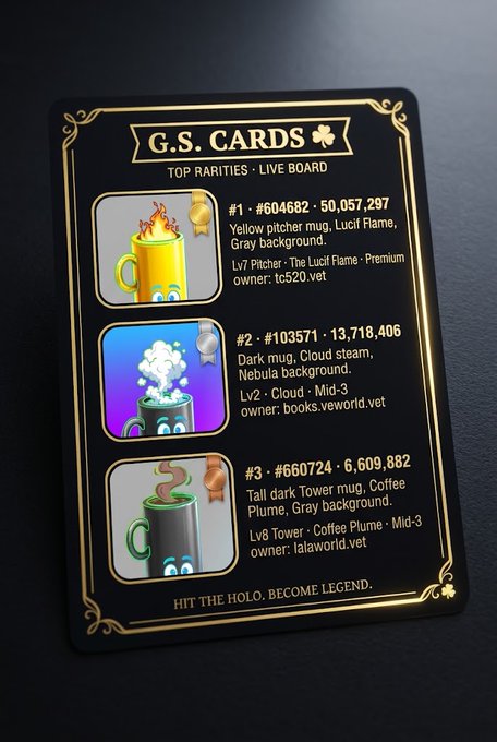 A digital trading card titled 'G.S. CARDS' displaying a 'TOP RARITIES · LIVE BOARD' that lists the top three mug NFTs, including #1 Yellow pitcher mug and #2 Dark mug, with their token IDs and rarity scores.