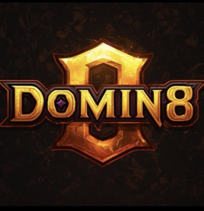 A glowing golden logo featuring the text "DOMIN8" with the number 8 stylized in place of the letter "B," set against a dark, fiery background. The bold branding matches the post's promotional call-to-action inviting traders to join a Telegram community for money-printing alpha signals.