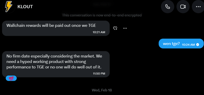 An end-to-end encrypted KLOUT messenger conversation about TGE timing, with messages discussing Wallchain rewards and the need for a hyped working product.
