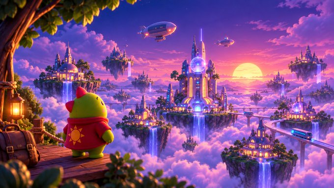 An animated fantasy illustration showing a green character in a red cape looking out over a sky filled with floating islands, castles, waterfalls, and airships at sunset.