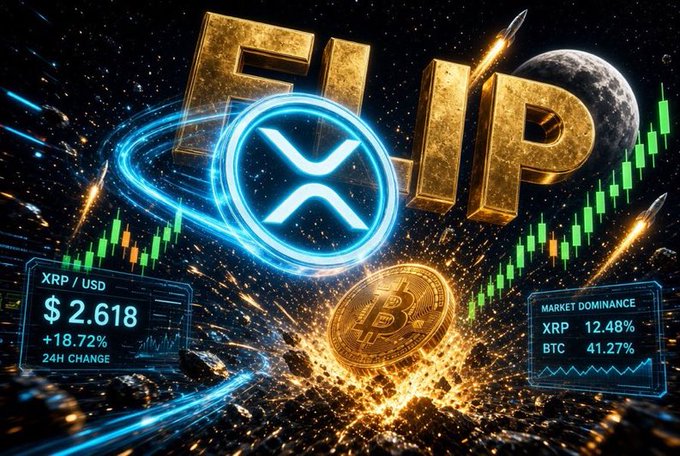 A dynamic digital artwork featuring the XRP cryptocurrency logo and Bitcoin, displaying 'XRP / USD' at '$2.618' with a '+18.72%' change and a green candlestick chart.