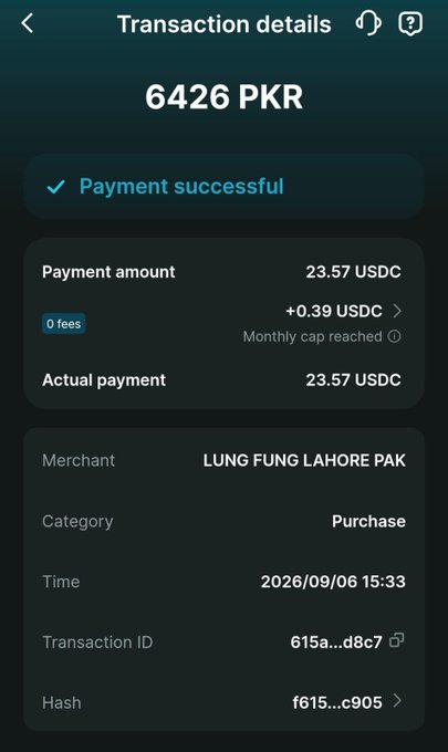 A mobile payment transaction details screen showing a successful payment of 6426 PKR (23.57 USDC) to merchant LUNG FUNG LAHORE PAK on 2026/09/06.