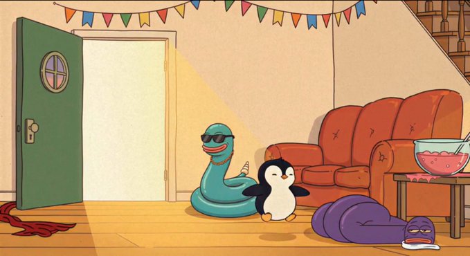 An animated scene shows a worm wearing sunglasses holding a party hat next to a small penguin, with a purple worm-like creature on the floor near a couch and a bowl of pink punch.