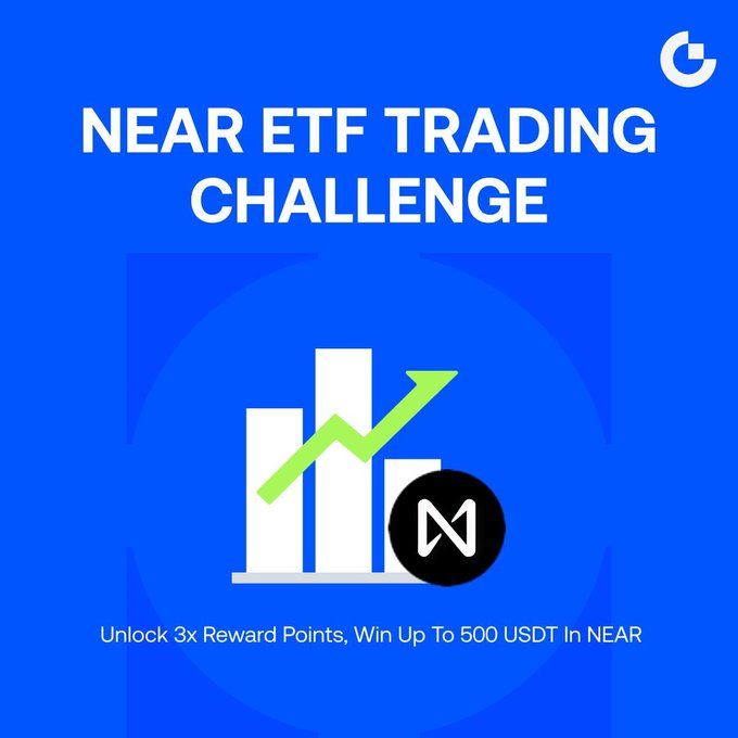 Promotional graphic for a "NEAR ETF Trading Challenge" featuring a bar chart with an upward green arrow and the NEAR Protocol logo on a blue background, advertising rewards of 3x points and a chance to win up to 500 USDT in NEAR.