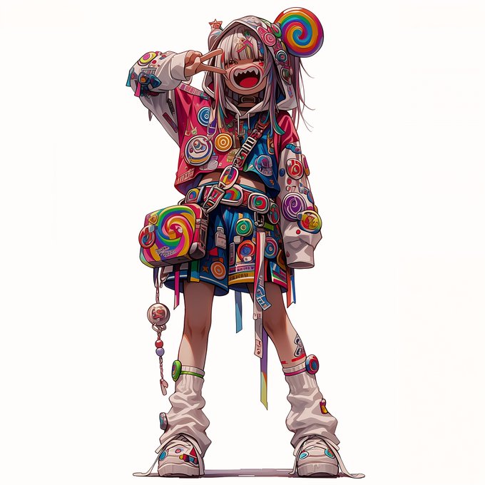 A colorful anime-style character illustration featuring a girl with pink and white hair, wearing a vibrant candy-themed outfit decorated with lollipops, swirls, and sweets, posing with a peace sign and open mouth.