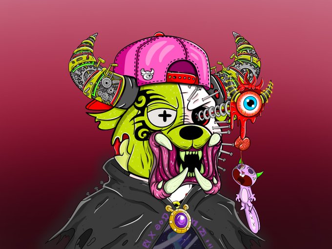 A vibrant illustration featuring a green, zombie-like character with horns and a pink cap, surrounded by mechanical and grotesque elements against a pink background.