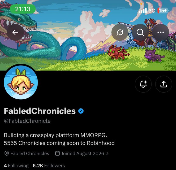 A Twitter/X profile for 'FabledChronicles' (@FabledChronicle) with a verified checkmark, stating 'Building a crossplay platform MMORPG. 5555 Chronicles coming soon to Robinhood', noted as 'Joined August 2026' with 6.2K followers.