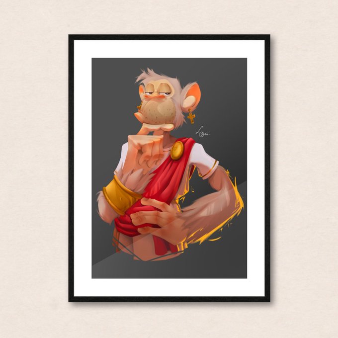The image features an illustration of a monkey wearing a red cape, holding a cup or mug with its hands while sitting down. The monkey appears to be posing for the picture. The background of the image is black, which contrasts with the white frame that holds the artwork. The caption below the image reads "GM and happy Sunday !!! @BoredApeYC".