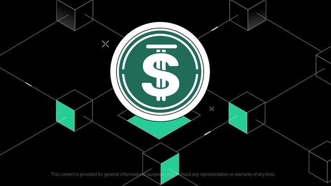 A stylized green and white dollar sign coin sits in front of a dark geometric background with mint-colored 3D cubes and a disclaimer about general information purposes.