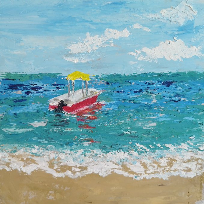An impressionistic painting depicting a small red boat with a yellow canopy floating on textured blue-green sea near a sandy beach under a cloudy sky.