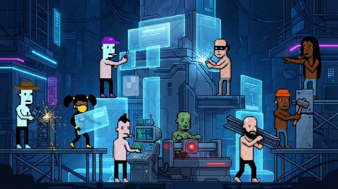 A vibrant, pixel-art scene depicts a group of punks working together in a futuristic factory setting, welding and assembling together while holographic screens hover around them. The image's factory assembly theme ties into the ARC Punks NFT whitelist announcement, symbolizing the collective creation and building of the project.