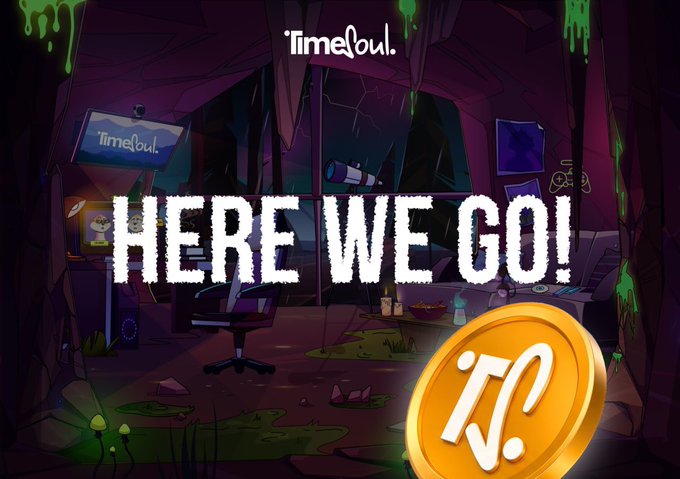 A promotional graphic for TimeSoul features a neon-lit gaming cave scene with a PC setup, dripping green slime, and the bold text "HERE WE GO!" alongside the TimeSoul logo and a gold "T." coin. The image ties to the post's theme of using Web3 technology for mindful time management, visually presenting the TimeSoul app as an exciting entry point into AI-guided, reward-based productivity.