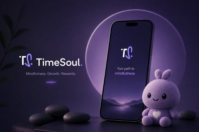A promotional image for the 'TimeSoul' app showing a smartphone with the tagline 'Your path to mindfulness' alongside a purple bunny plushie and the text 'Mindfulness. Growth. Rewards.'