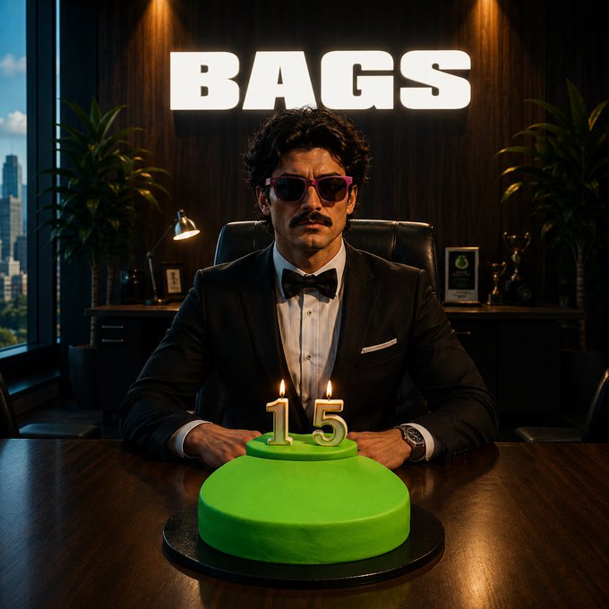 A man in a tuxedo and pink sunglasses sits at a desk with a green cake topped with '15' candles, with the word 'BAGS' illuminated behind him.