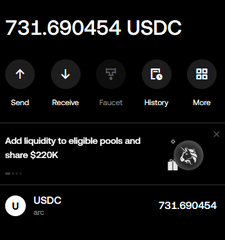 Mobile wallet screen displaying a balance of 731.690454 USDC with Send, Receive, Faucet, History, and More action buttons.